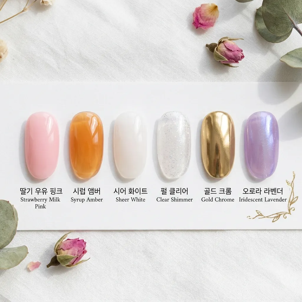 korean nails 2026 nail color palette strawberry milk syrup amber gold chrome lavender