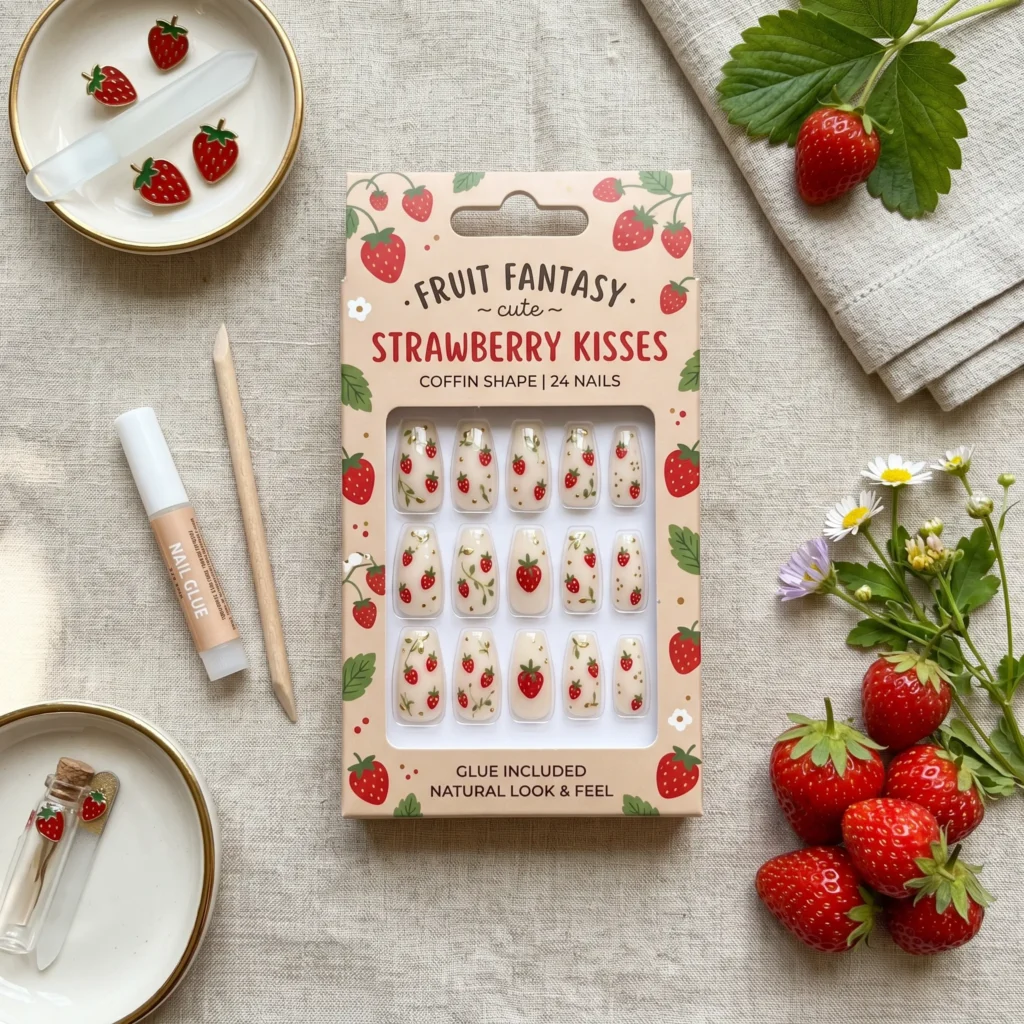 strawberry nails 2026 press-on set coffin print
