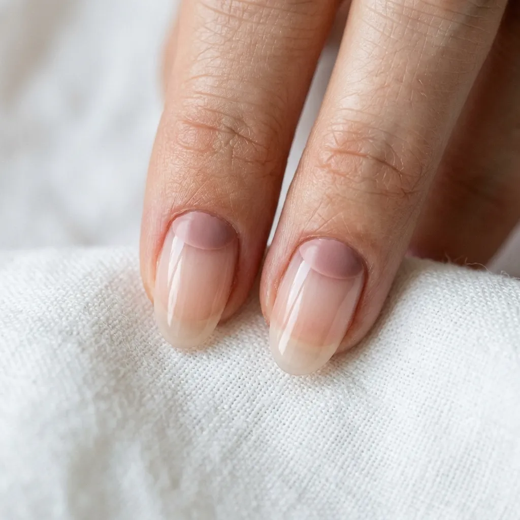 "Reverse French tip graduation nails — dusty rose moon base on sheer oval nails"