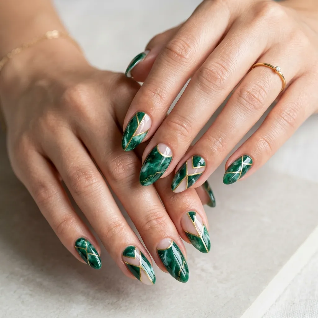 Geometric jade marble manicure with sharp cutout patterns and modern editorial styling.