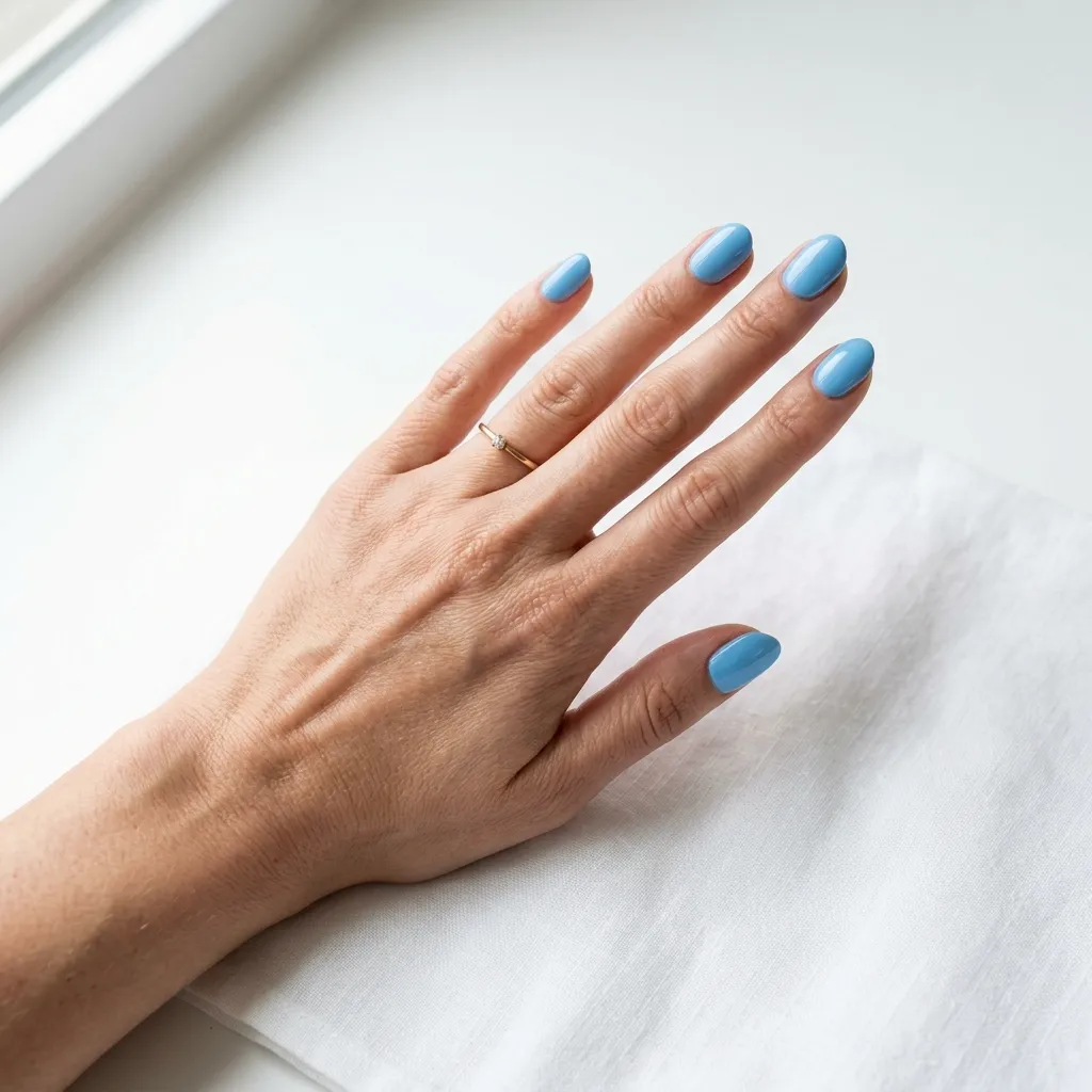 Simple solid sky blue oval nails with glossy finish for June 2026