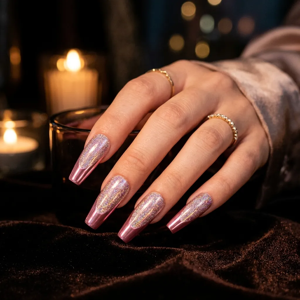 Long coffin press-on nails with pink chrome French tips and holographic glitter for prom or event styling