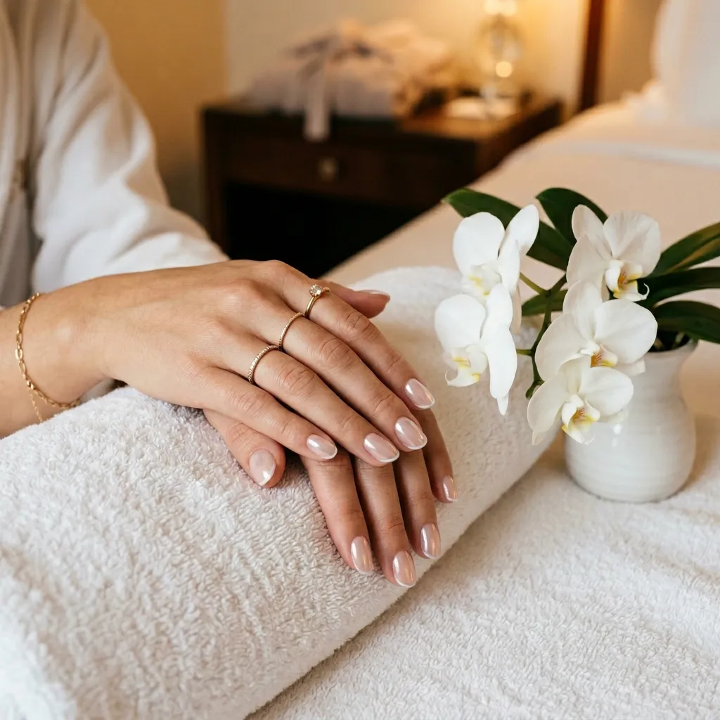 Milky glazed French tip luxury resort vacation nails 2026 spa setting