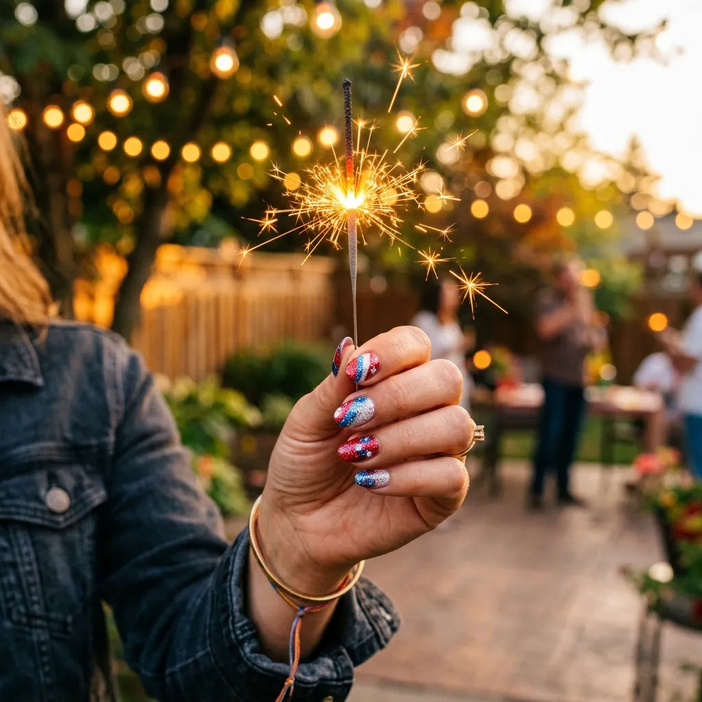 Fourth of july BBQ nails in red white blue glitter for backyard party 2026