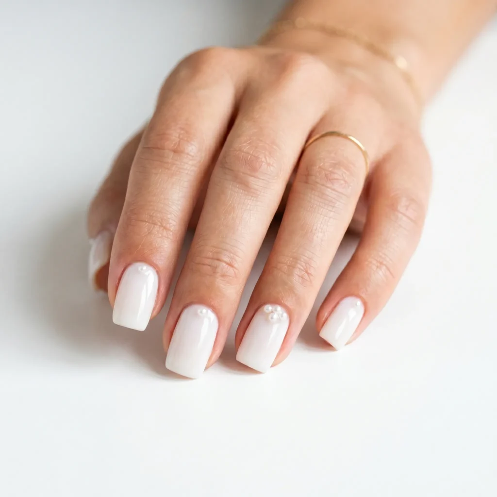 Mother's Day nails 2026 &mdash; milky white gel nails with micro pearl accents at cuticle