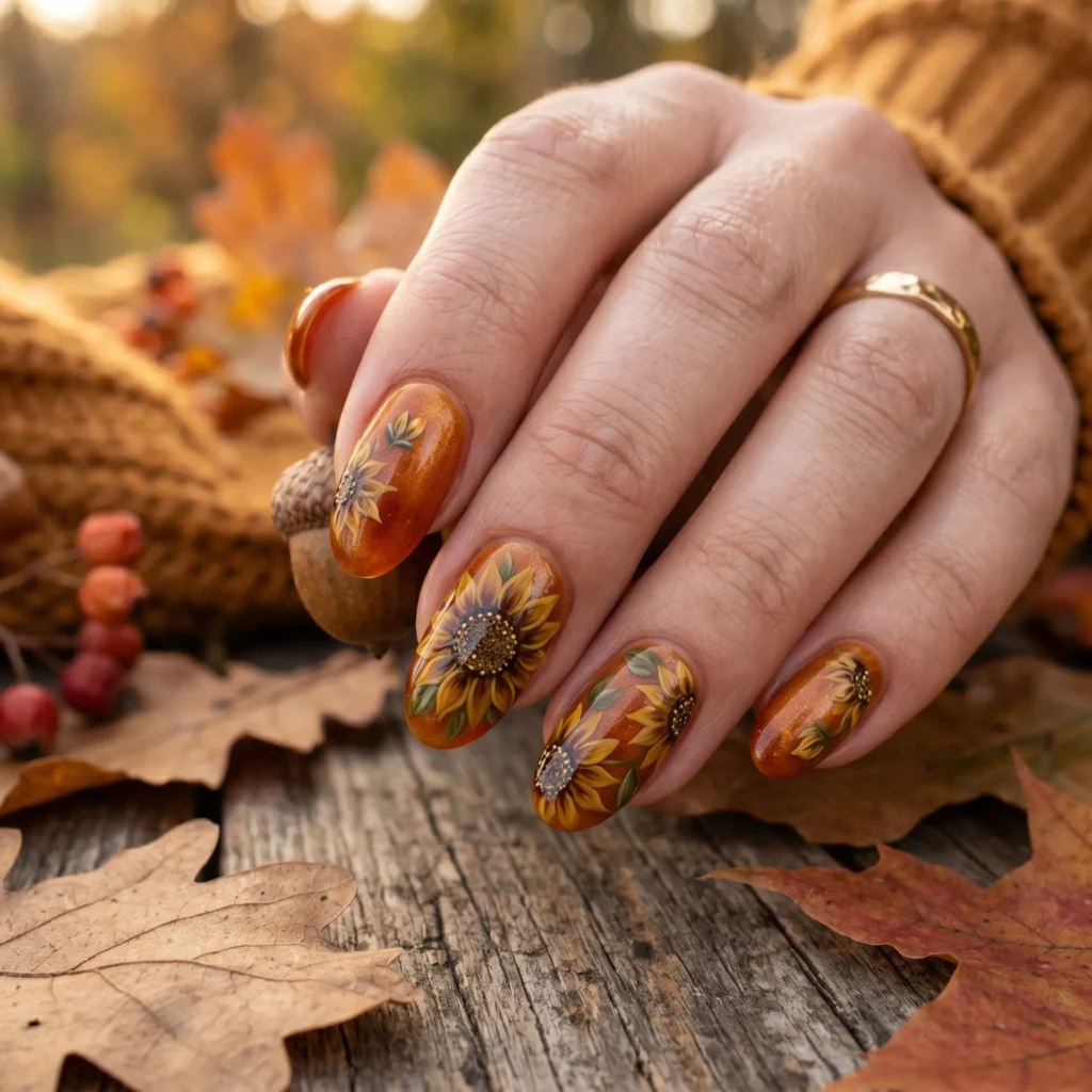 Late summer moody sunflower nail art with amber and burnt orange tones on oval nails