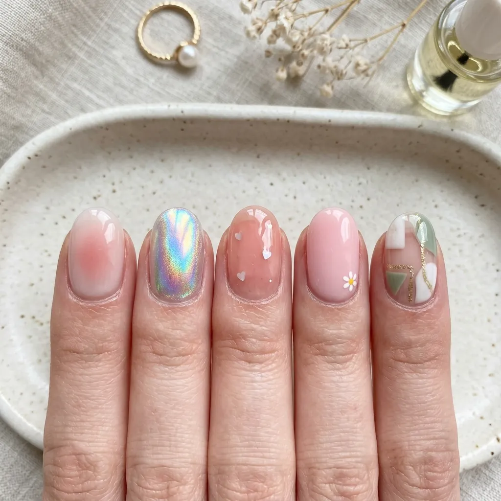 korean nails 2026 mixed nail set aura syrup blush short oval