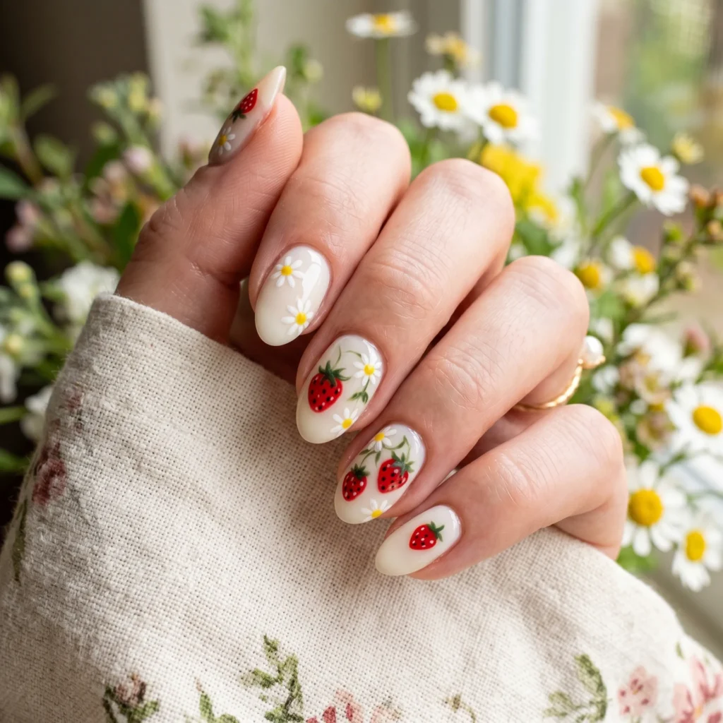 strawberry nails 2026 daisy flower combo short almond spring