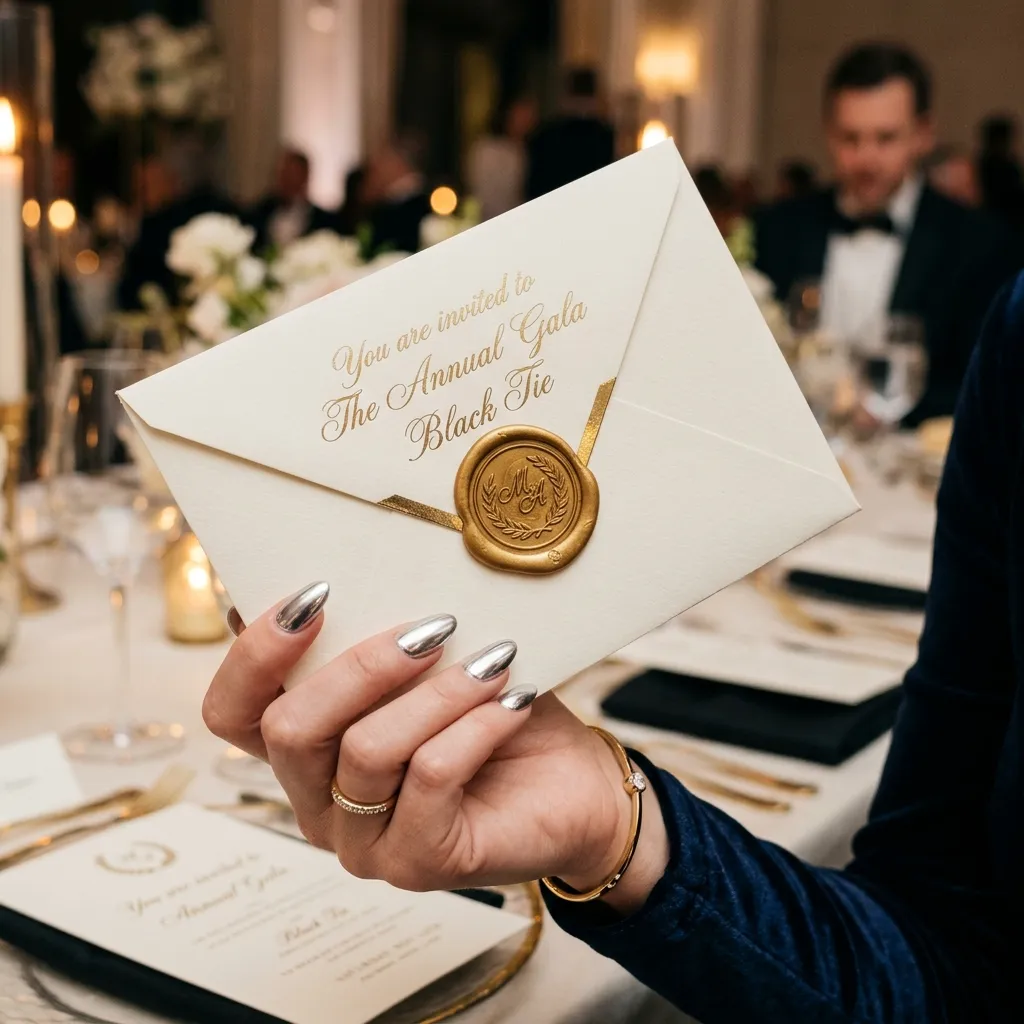 "Silver chrome graduation nails on fair skin holding gold seal envelope — formal event"