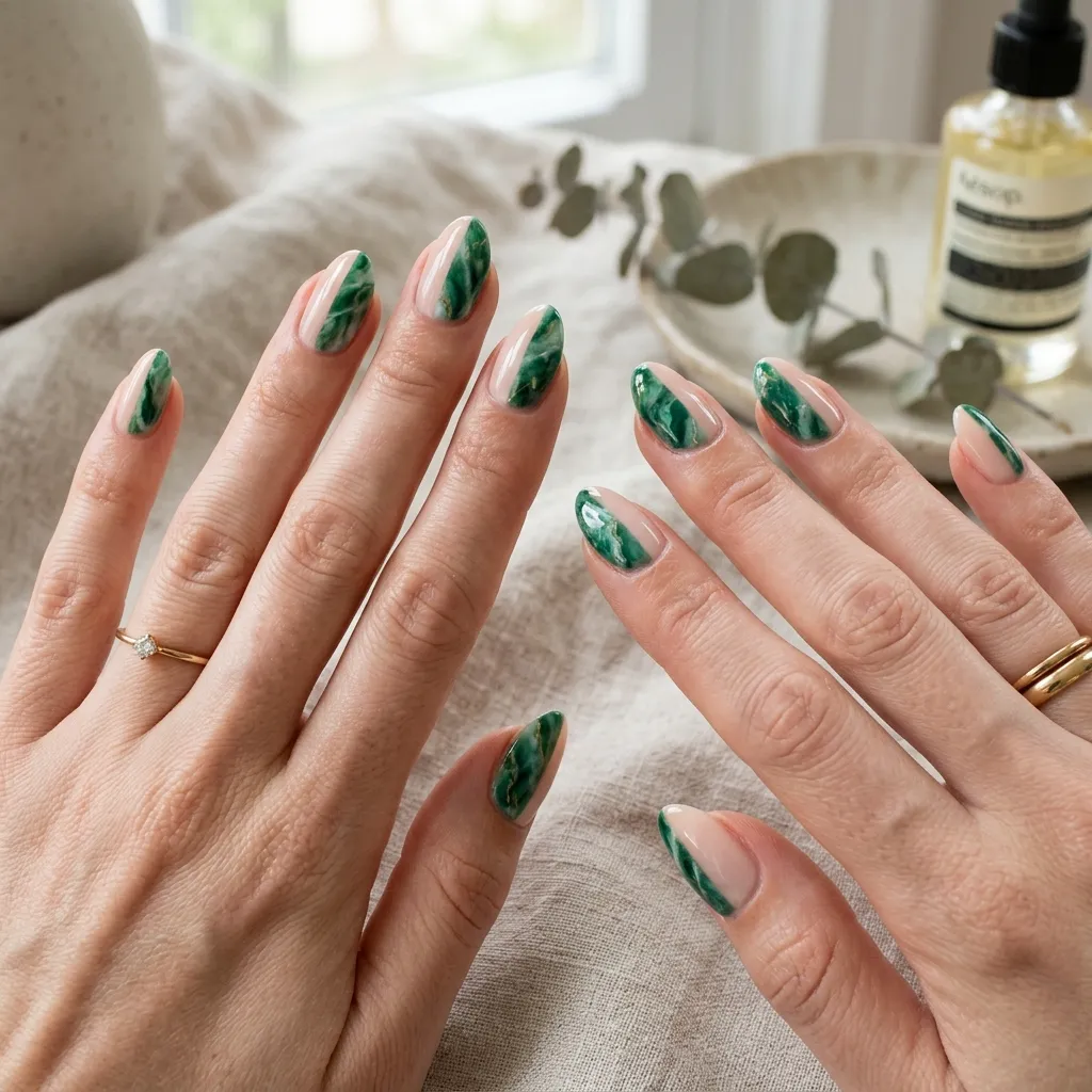 Split-design manicure combining nude polish and jade marble texture in a sleek graphic layout.