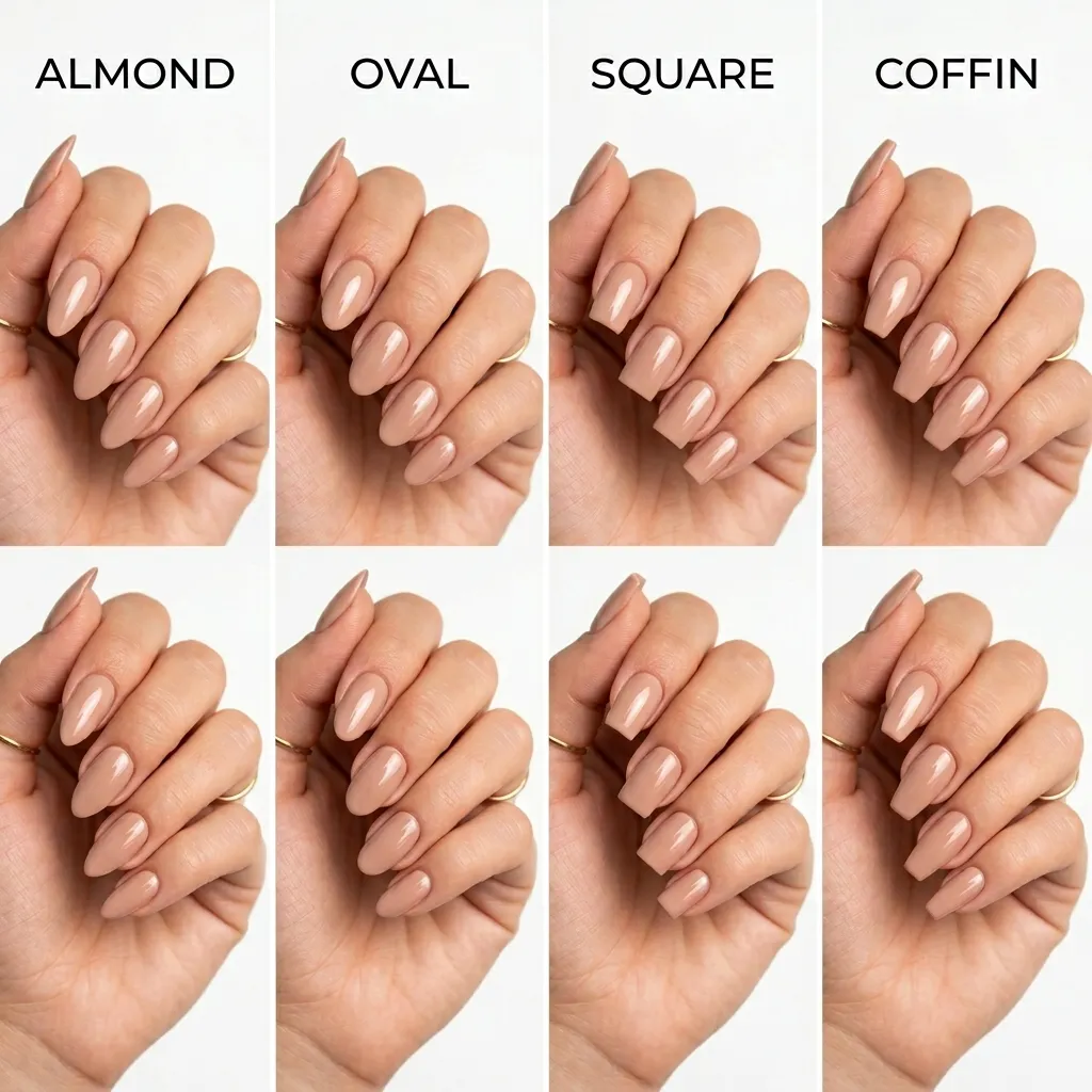 Four nail shapes compared — almond, oval, square, and coffin — in nude