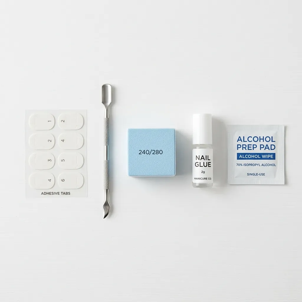 Press-on nail application tools including adhesive tabs, nail glue, cuticle pusher, buffer, and alcohol wipe on a white surface