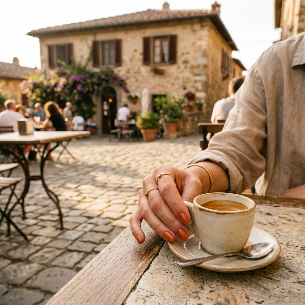 Terracotta gloss vacation nails 2026 European city break café aesthetic