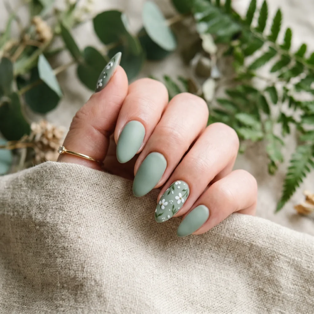 Mother's Day nails 2026 &mdash; muted sage green nails with white micro floral detail, botanical nails