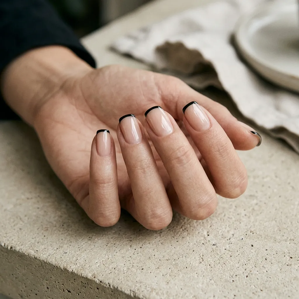 Thin black french tip nails with minimalist glossy nude base