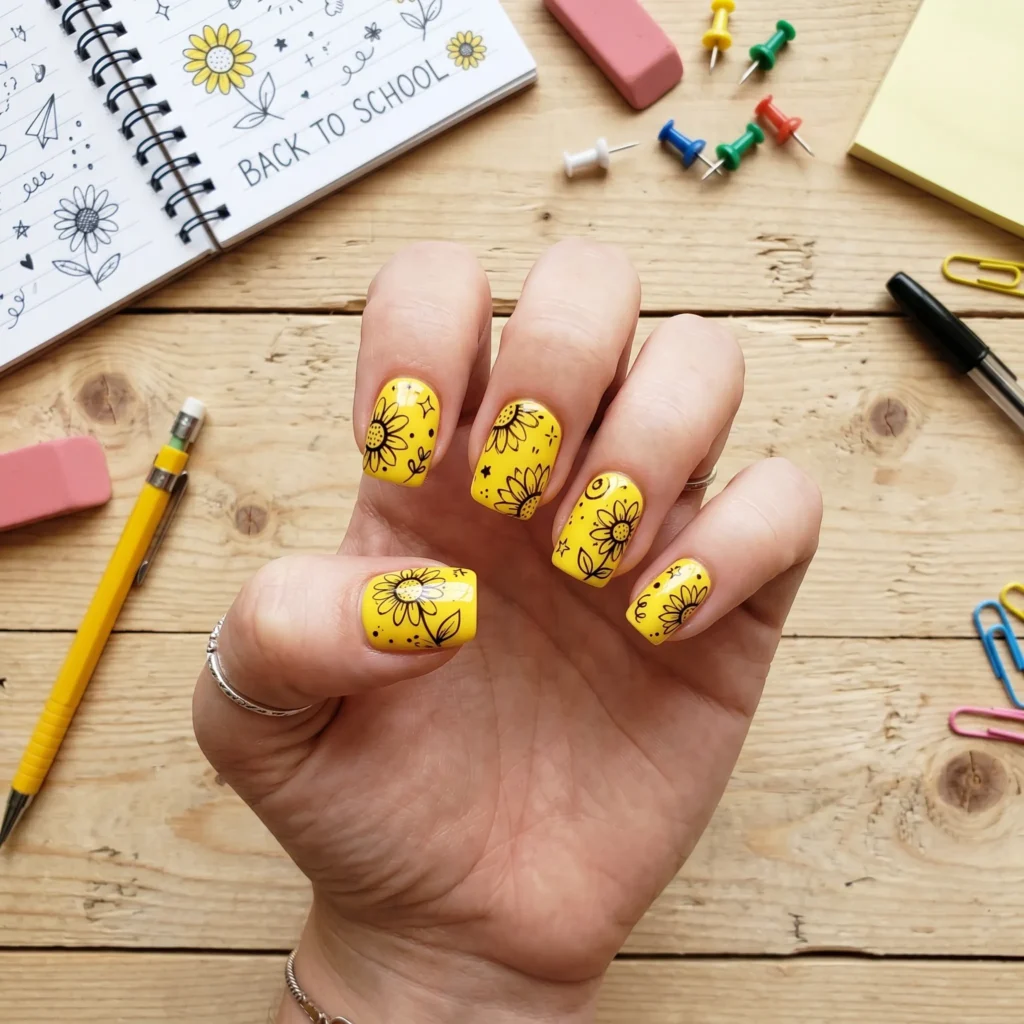 Back to school doodle sunflower nail art on yellow short square nails with black outlines