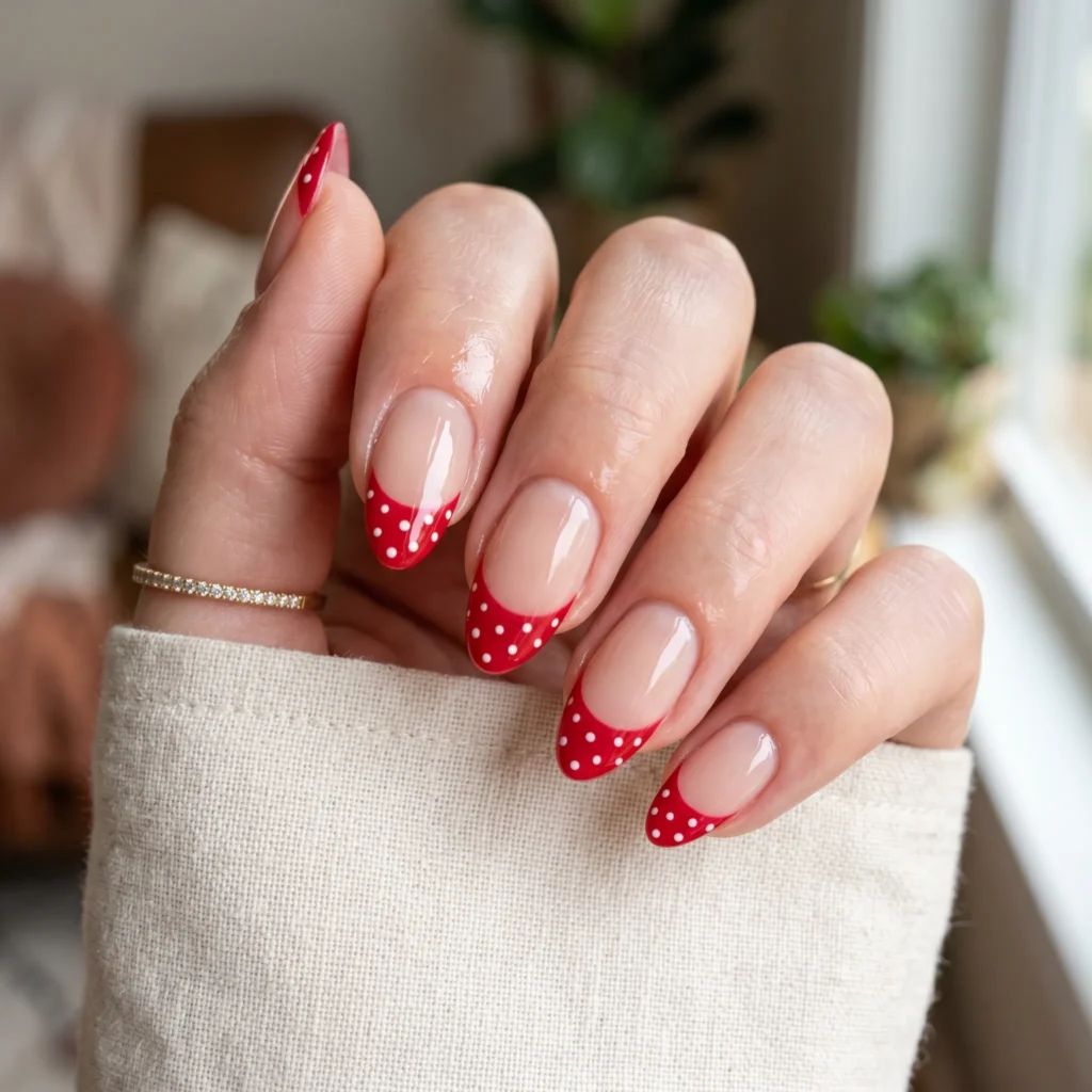strawberry nails 2026 cherry red french tips with seeds almond