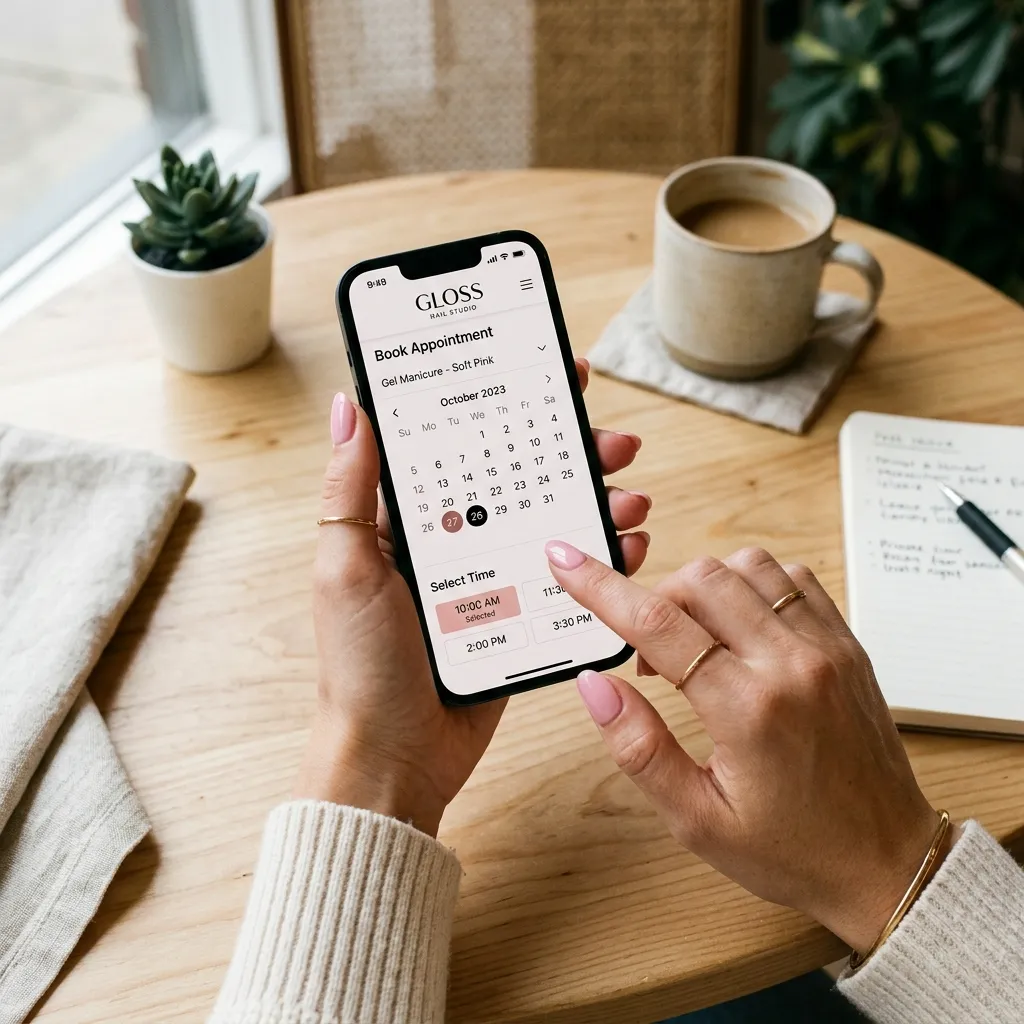 "Booking graduation nail appointment — pink gel nails holding phone with salon app"