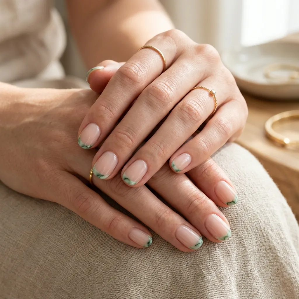 Ultra-thin jade marble micro French tips on short nude nails with glossy clean girl styling.