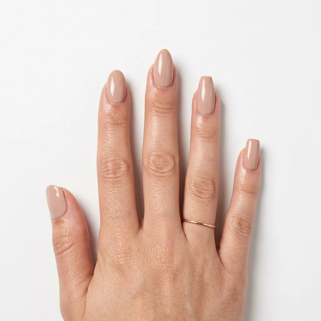 Five different press-on nail shapes on one hand in neutral nude — almond, squoval, oval, coffin, and short round compared
