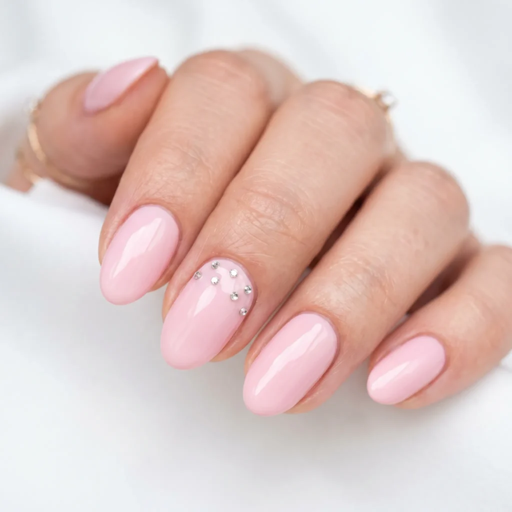 Mother's Day nails 2026 &mdash; pastel pink oval nails with rhinestone accents, glam spring manicure