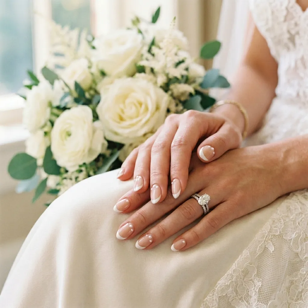 Bridal french tip nails with micro white tips and pearl accents
