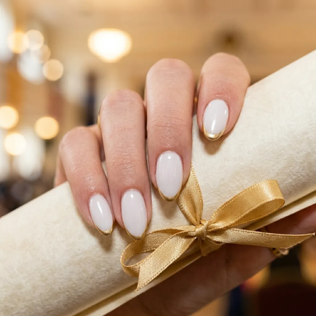 "Fair skin graduation nails white with gold French tip holding rolled diploma — achievement photo"