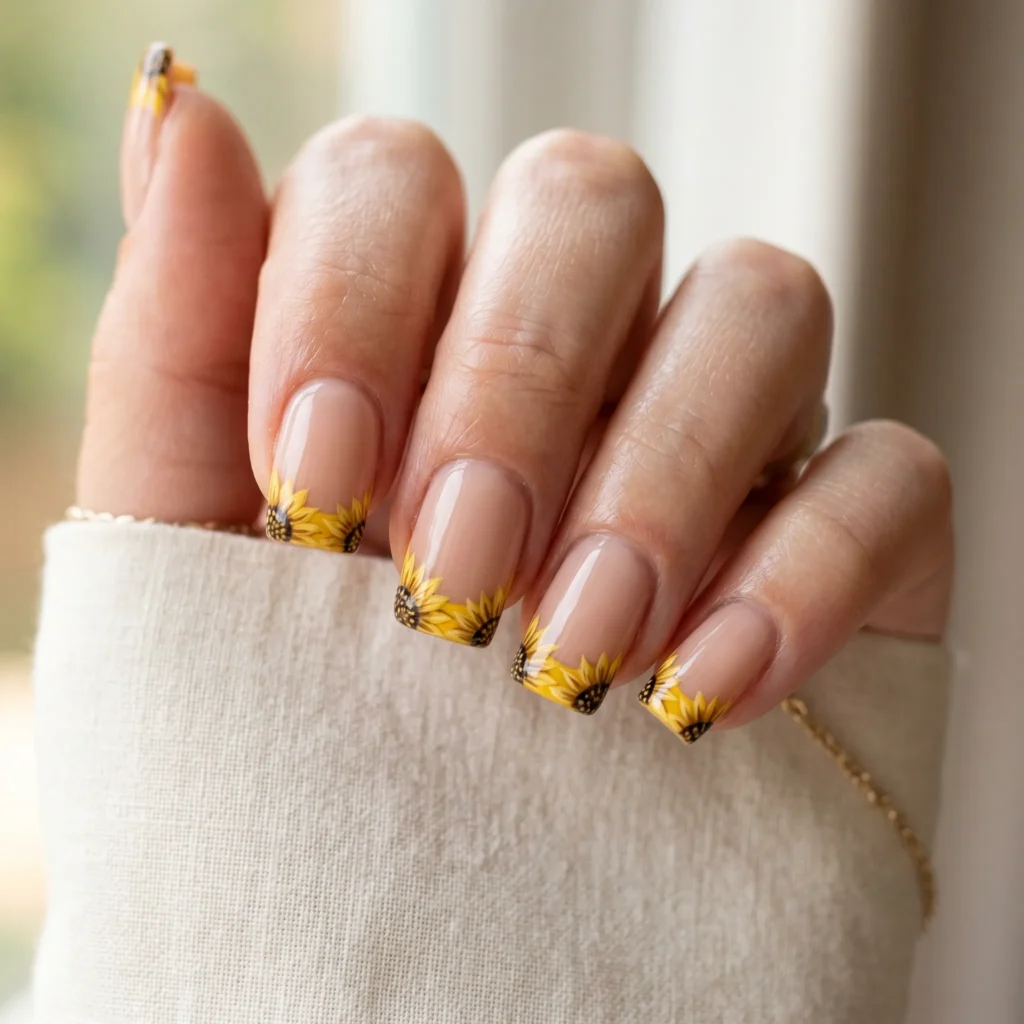 Sunflower French tip nail art with yellow petals on square nails