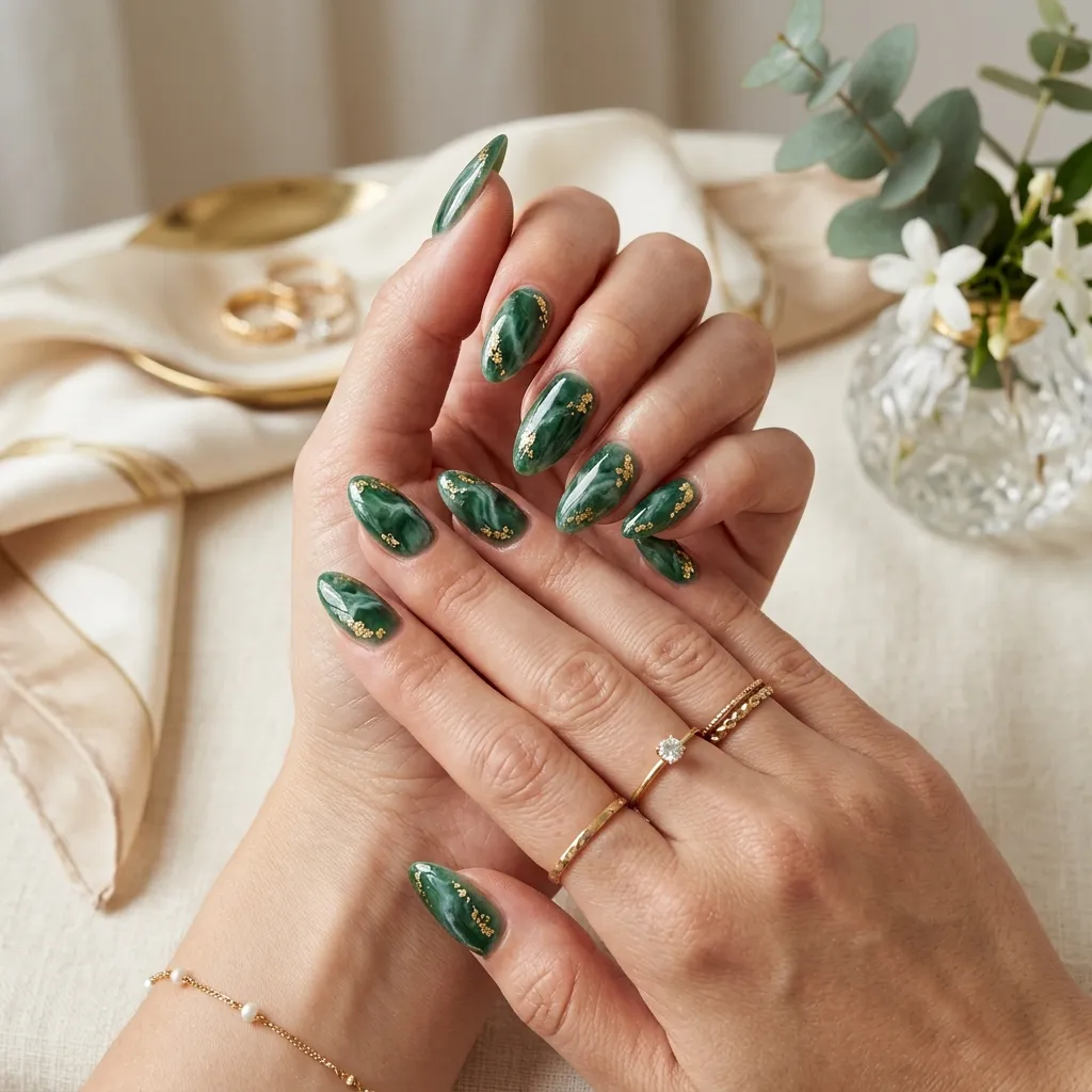 Almond-shaped jade marble nails with scattered gold foil accents and a luxurious glossy finish.