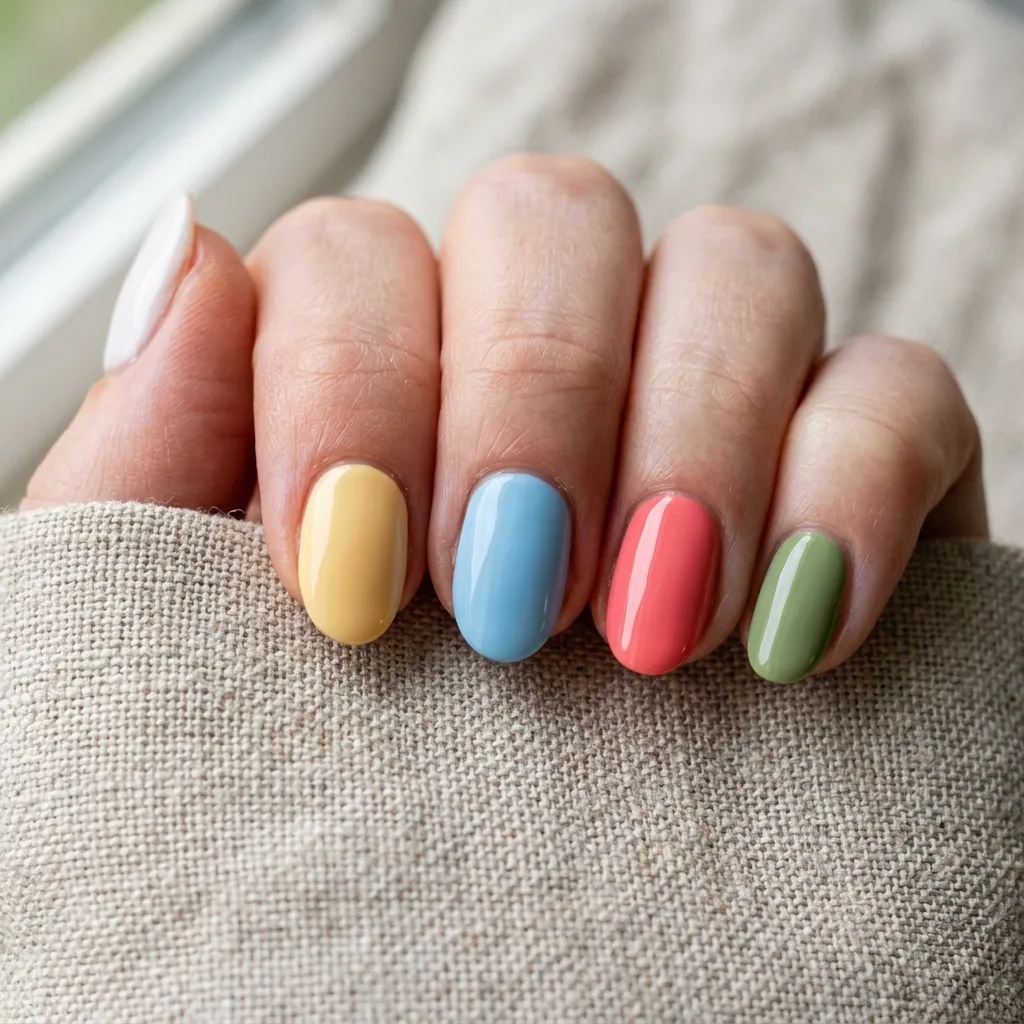 Five June nails 2026 color swatches on linen showing trending shades