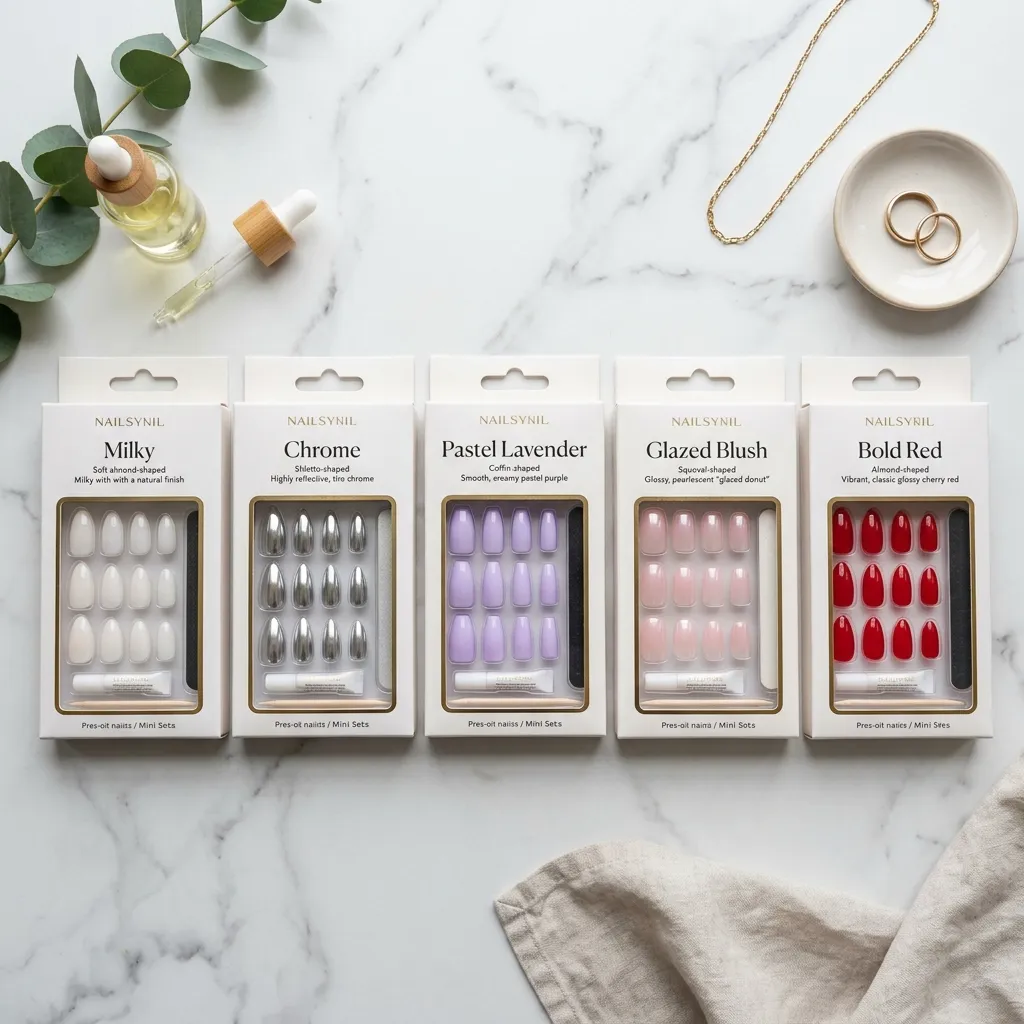 Five different press-on nail sets in milky, chrome, pastel, glazed, and red finishes arranged on white marble