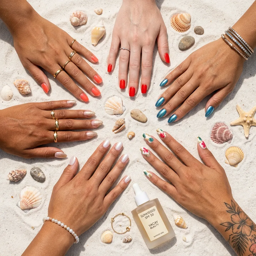 Six vacation nail ideas 2026 flat lay on beach with summer props