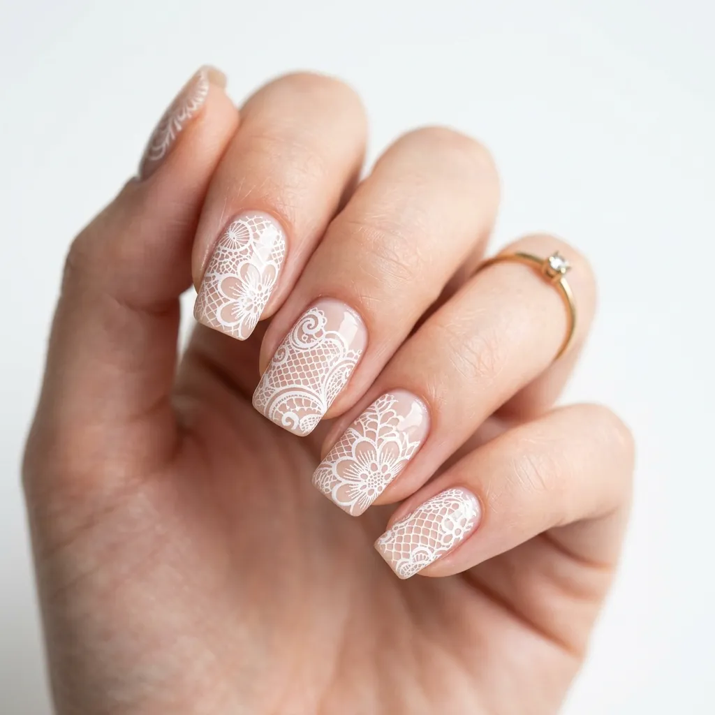 lace nails 2026 white lace on nude base almond shaped nails