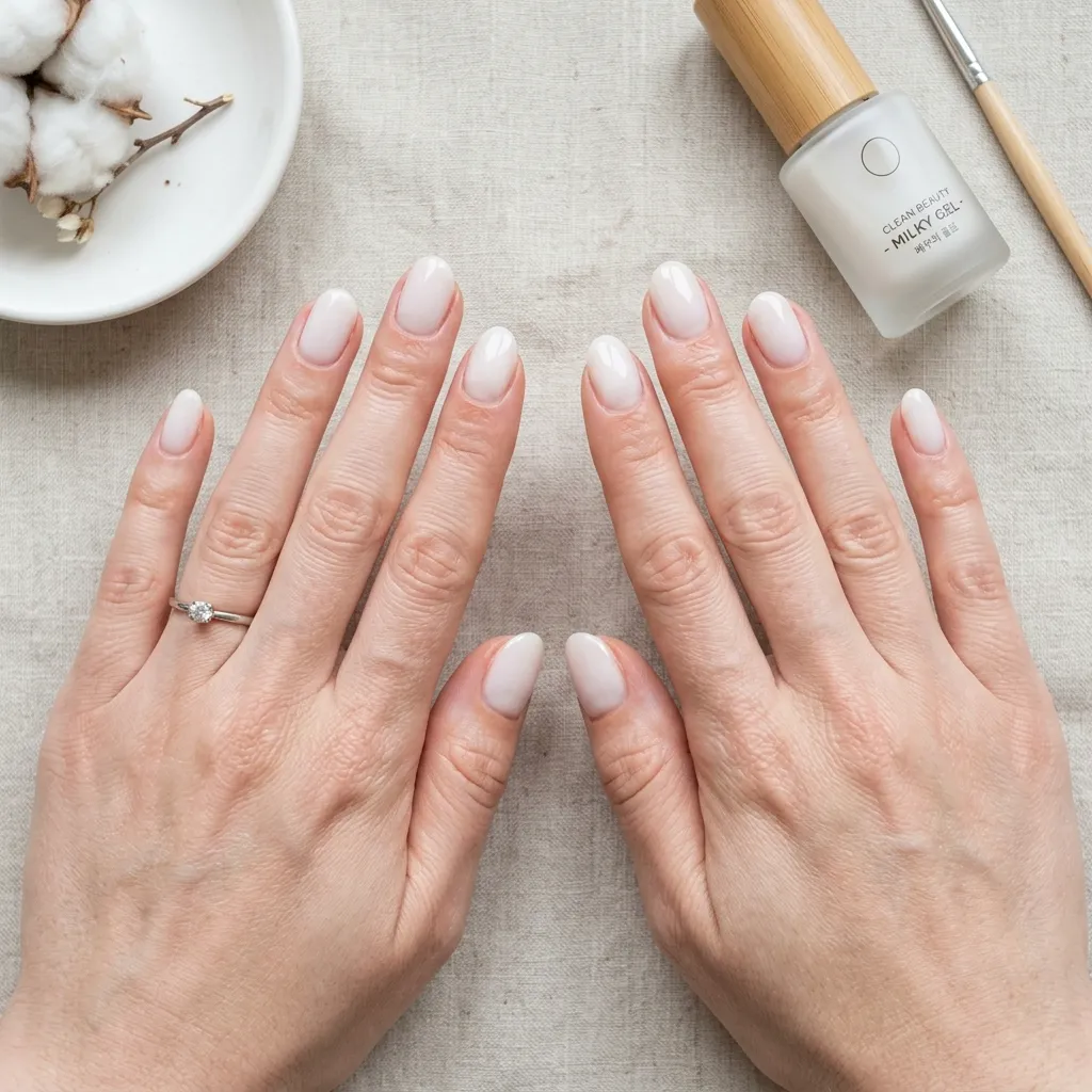 korean nails 2026 strawberry milk nails milky white short oval gel