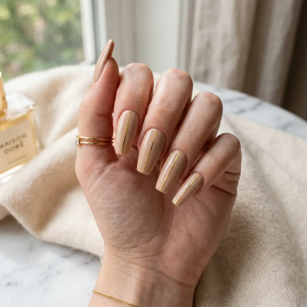 tuscan nail art thin gold line detail warm beige coffin 2026