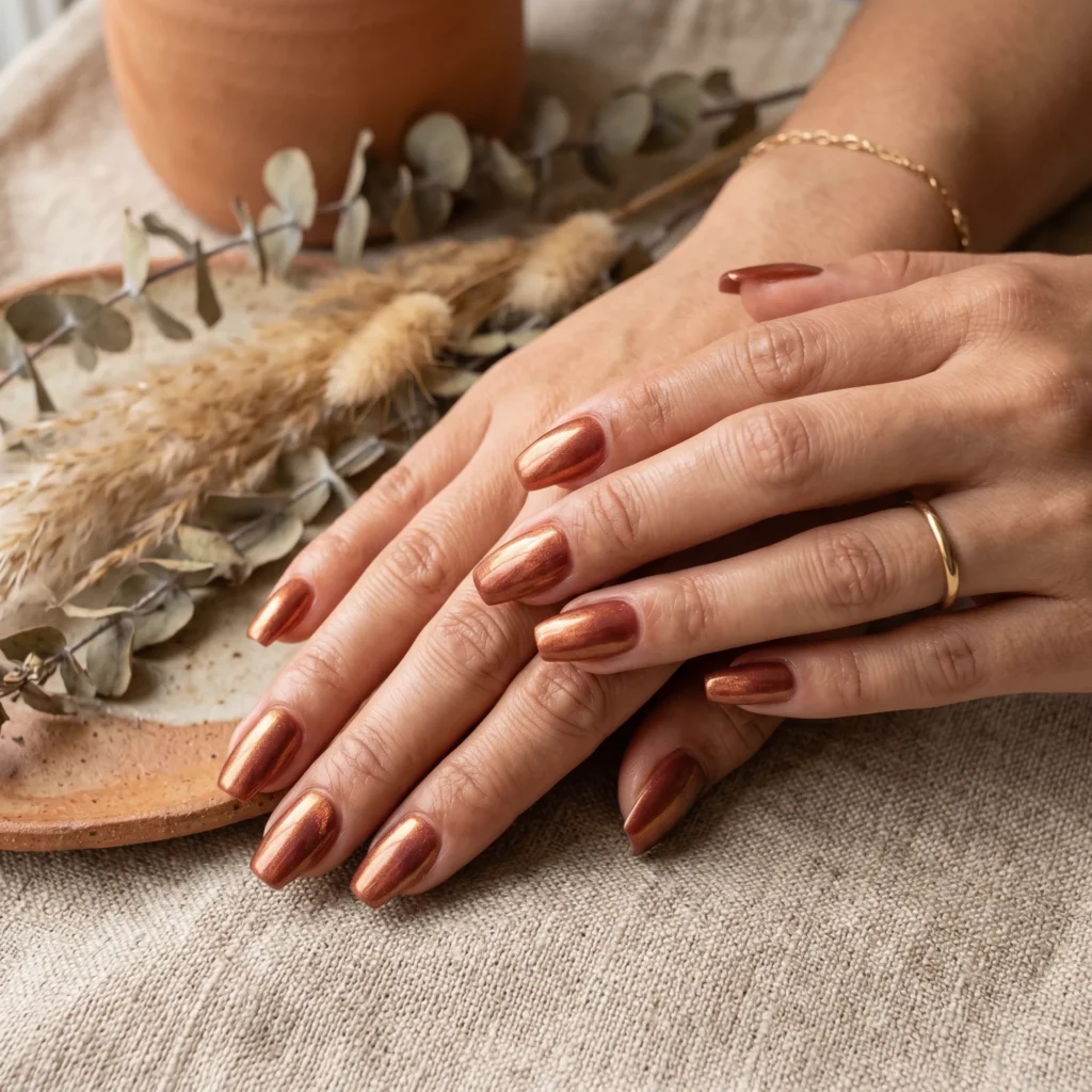 tuscan nail art terracotta chrome shimmer short coffin 2026
