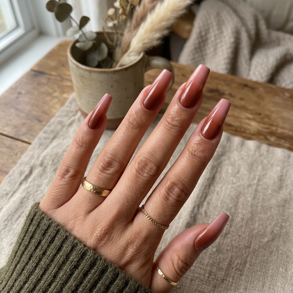 tuscan nail art russet to dusty rose ombre coffin 2026