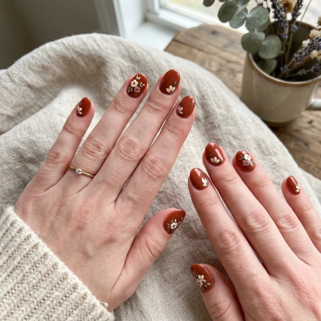 tuscan nail art tiny floral detail burnt sienna short oval 2026