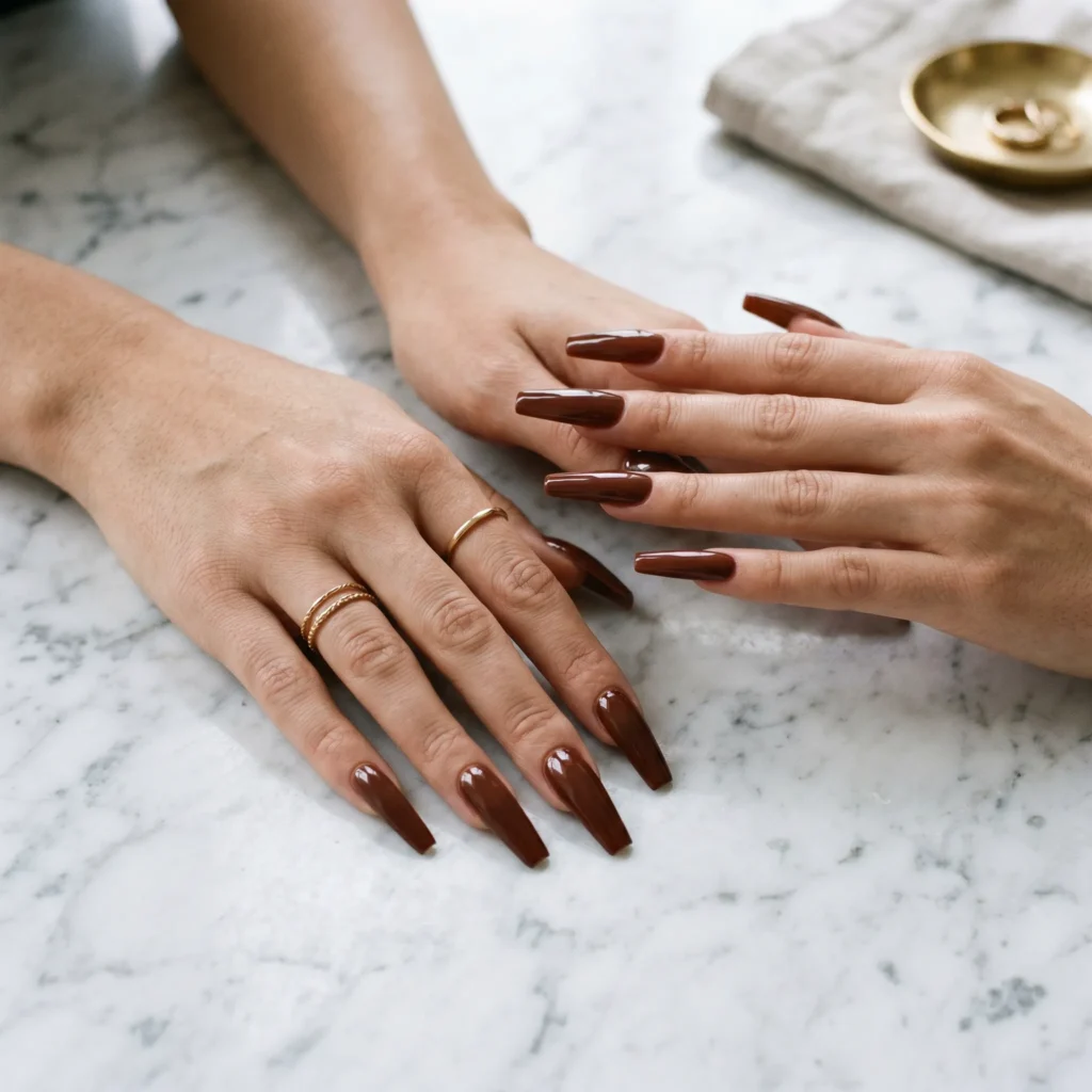 tuscan nail art wine-red with earthy undertone medium coffin 2026