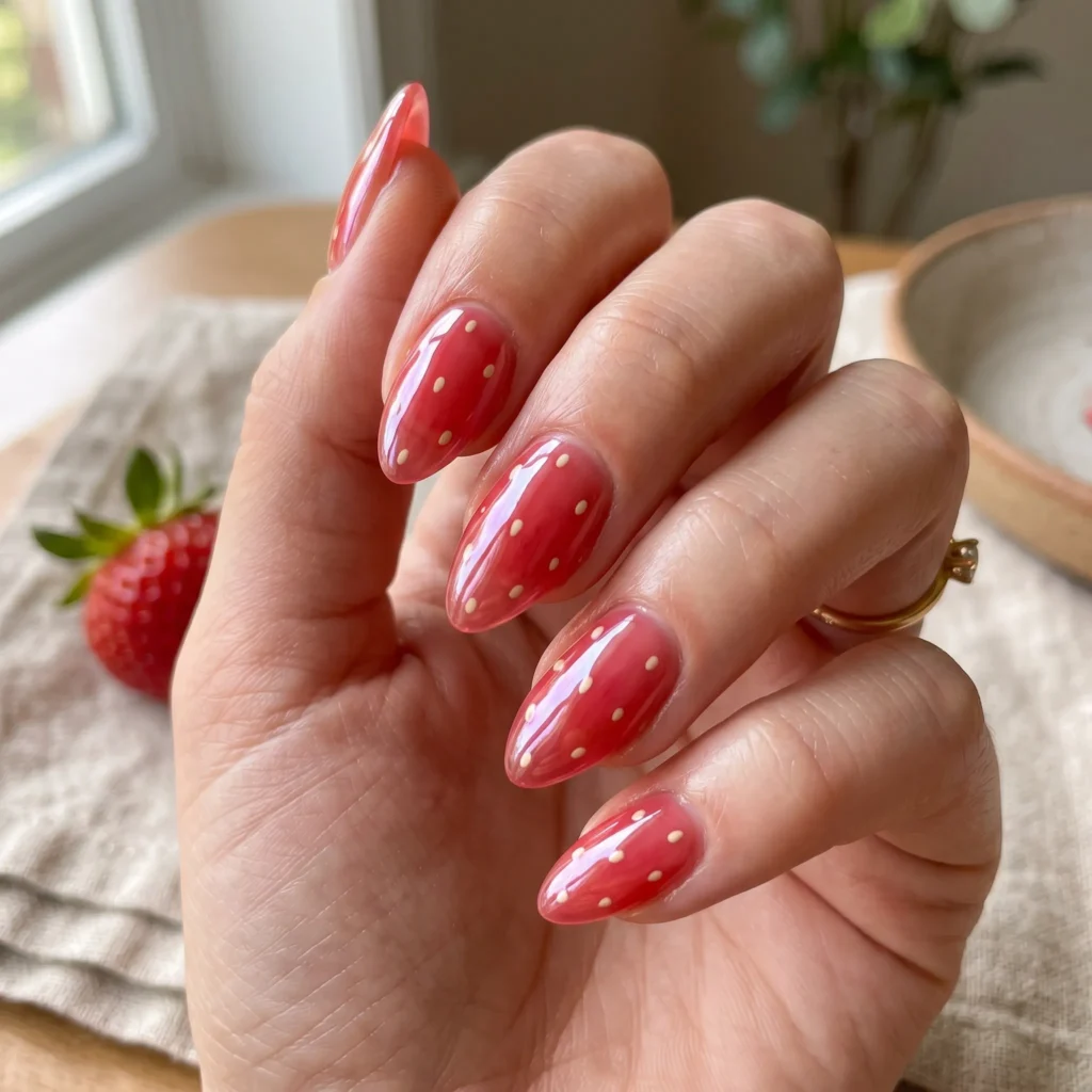 strawberry nails 2026 glazed jelly finish almond pink