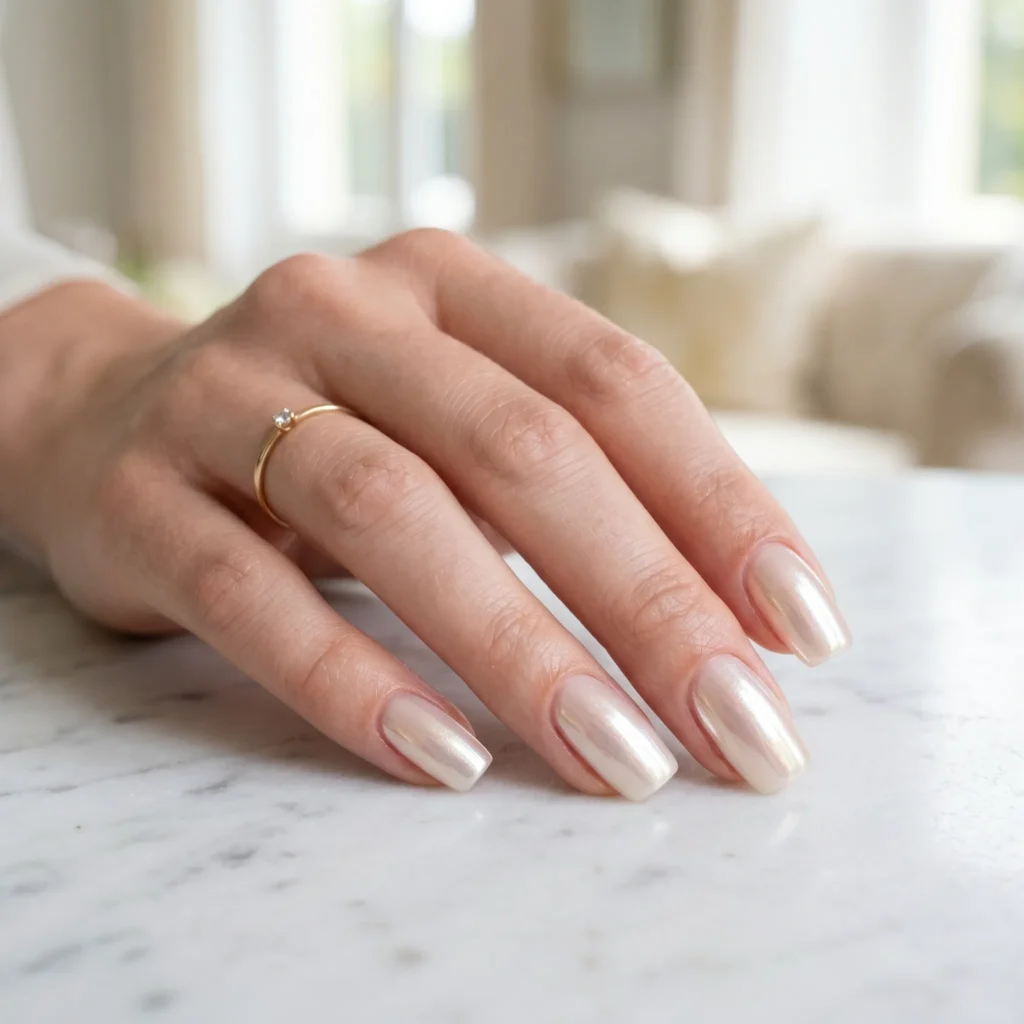 Mother's Day nails 2026 &mdash; opalescent pearl chrome finish on squoval nails, elegant spring manicure