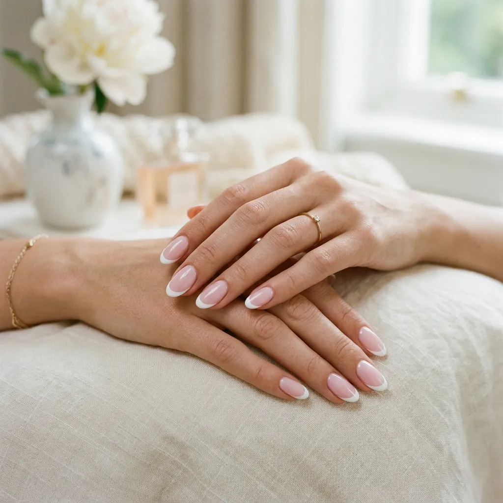 Classic french tip nails with rounded white tips and glossy pale pink base