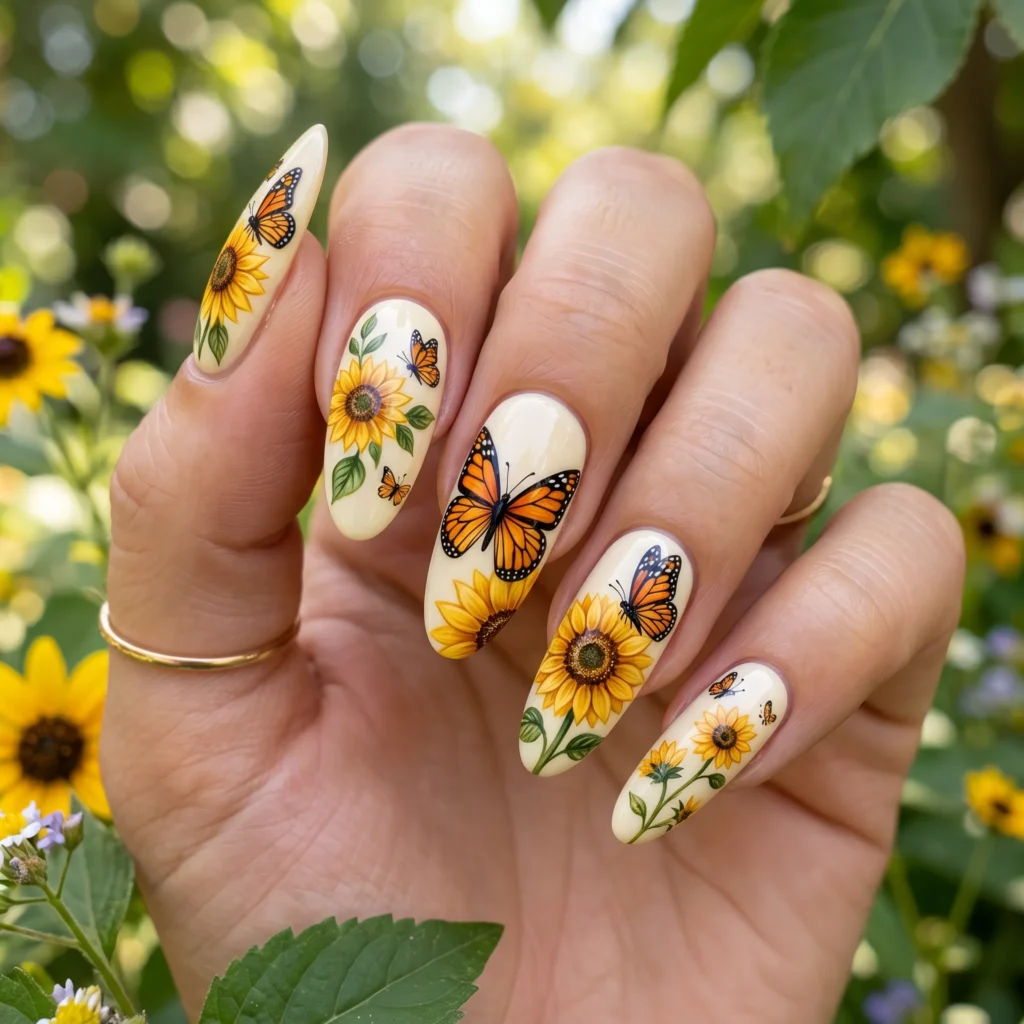 Sunflower and butterfly combo nail art on cream oval nails with golden florals and monarch butterflies