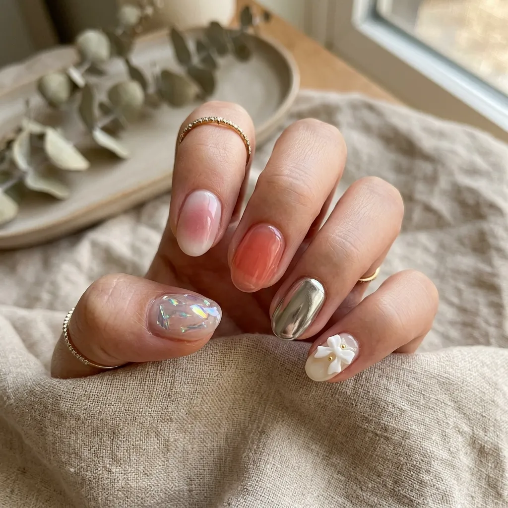 korean nails 2026 mixed set glass chrome 3d bow coral short oval