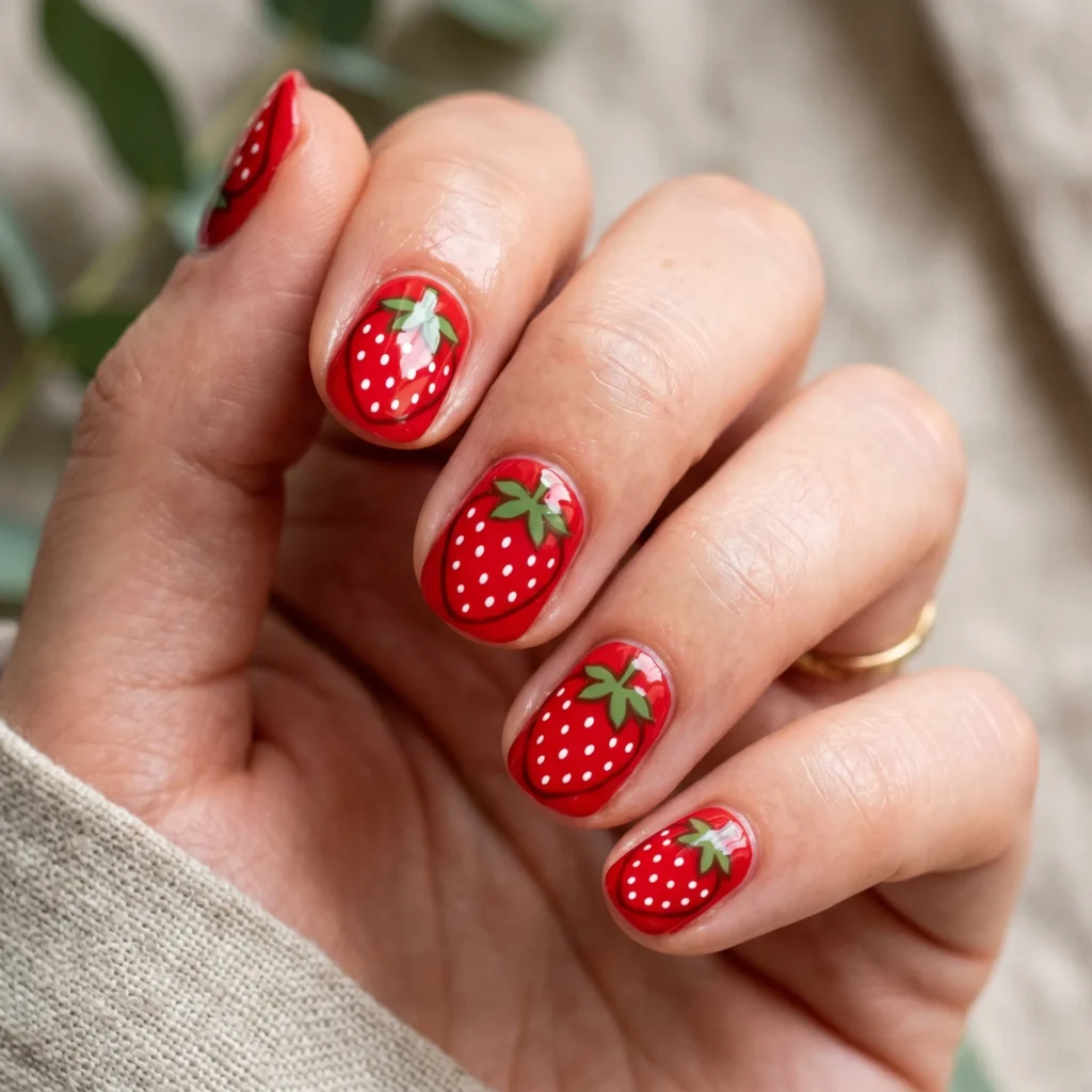 strawberry nails 2026 bold red full illustration round short