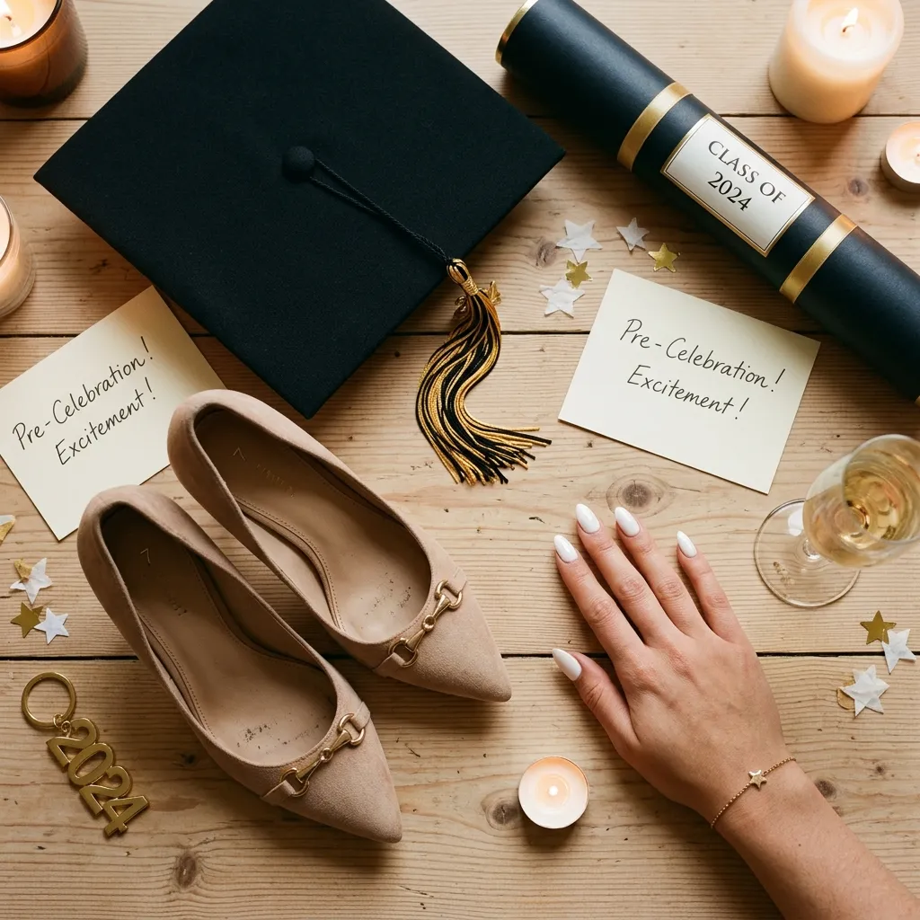 "Graduation night before flat lay — white gel nails with cap diploma and heels overhead"