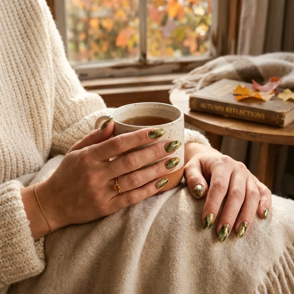 Warm olive jade marble nails styled with cozy autumn tones and luxurious seasonal aesthetics.