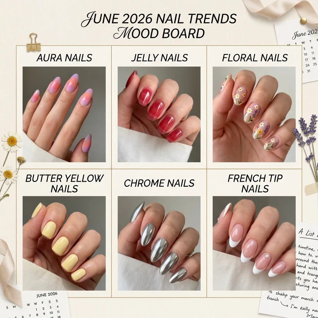 June 2026 nail trend mood board showing six trending nail styles