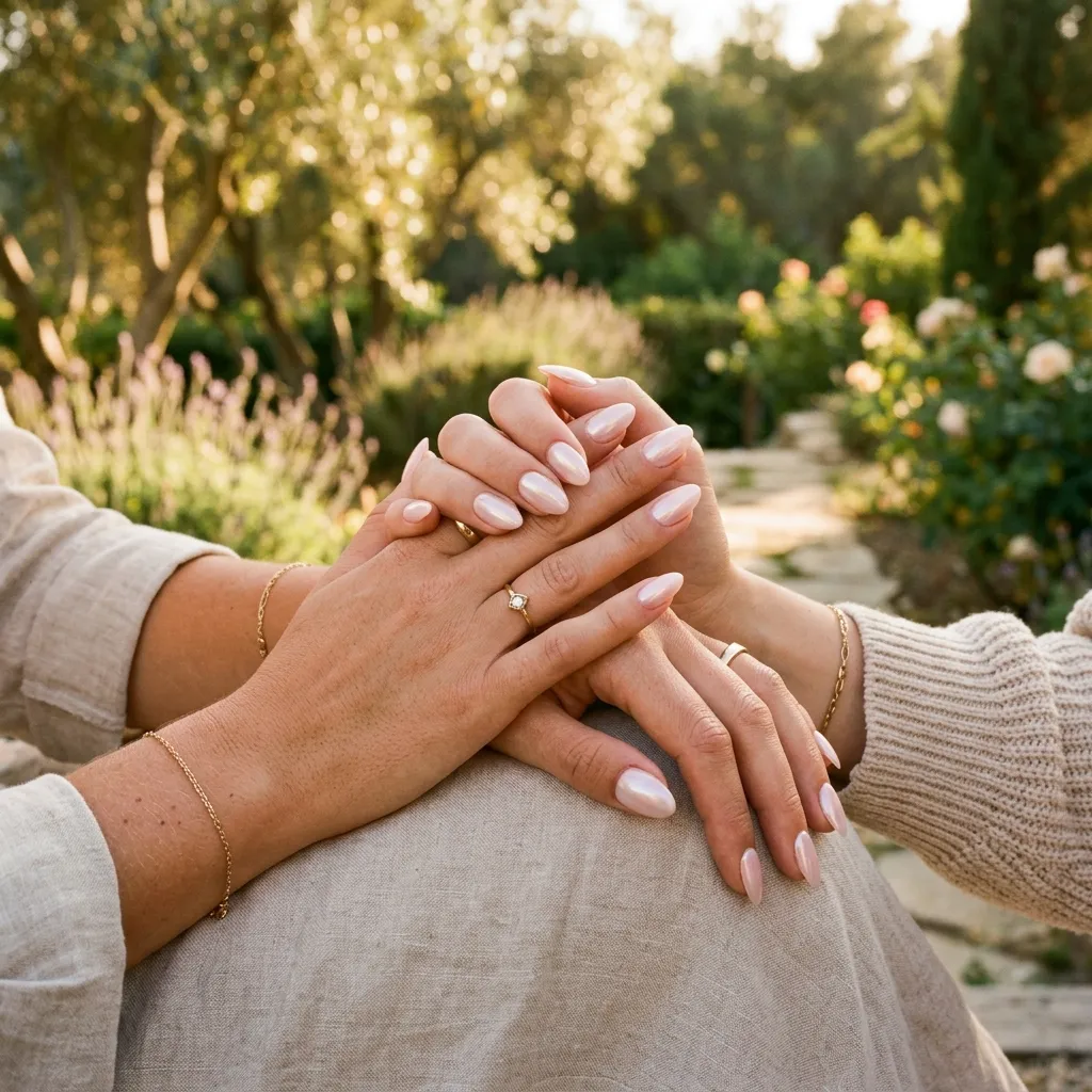 Two hands with matching milky blush almond press-on nails photographed together in warm golden hour sunlight