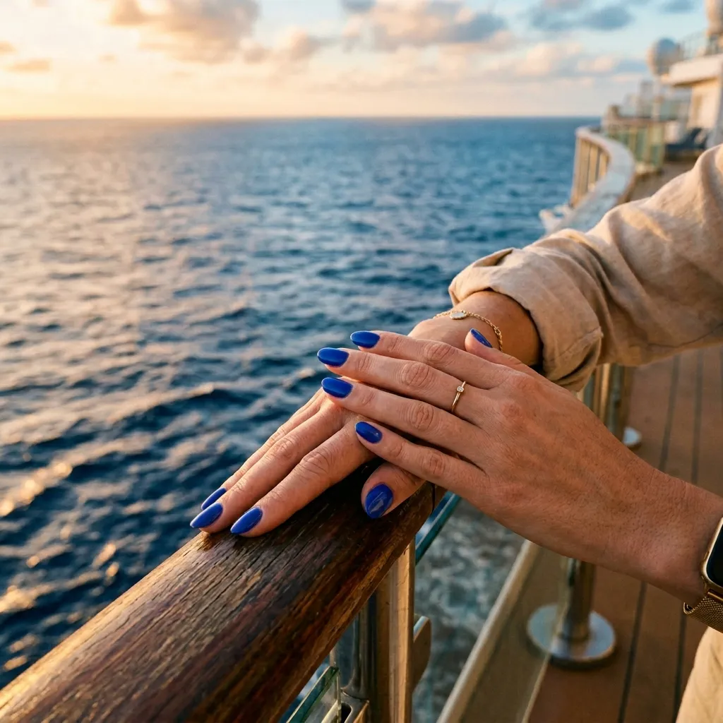 Cobalt blue glossy cruise vacation nails 2026 oval shape ocean view